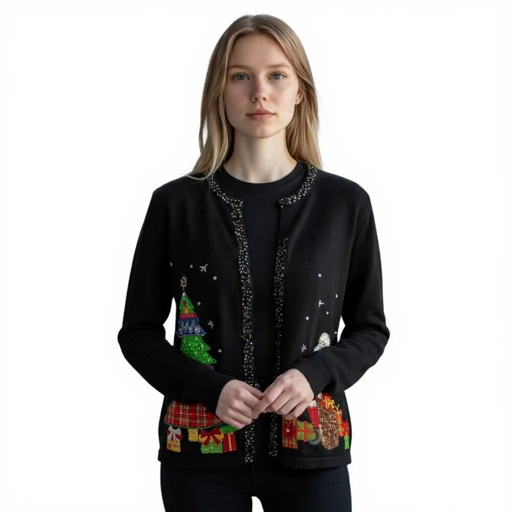Vintage Hampshire Studio Womens Beaded Sequin Santa Christmas Tree‎ Cardigan